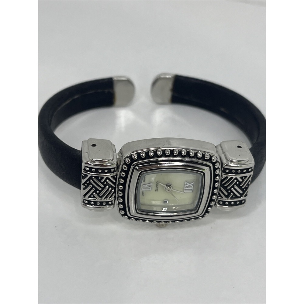 Women's Quartz Watch Silver 22mm‎ Case Black Hinge Band- New Battery - Picture 4 of 7